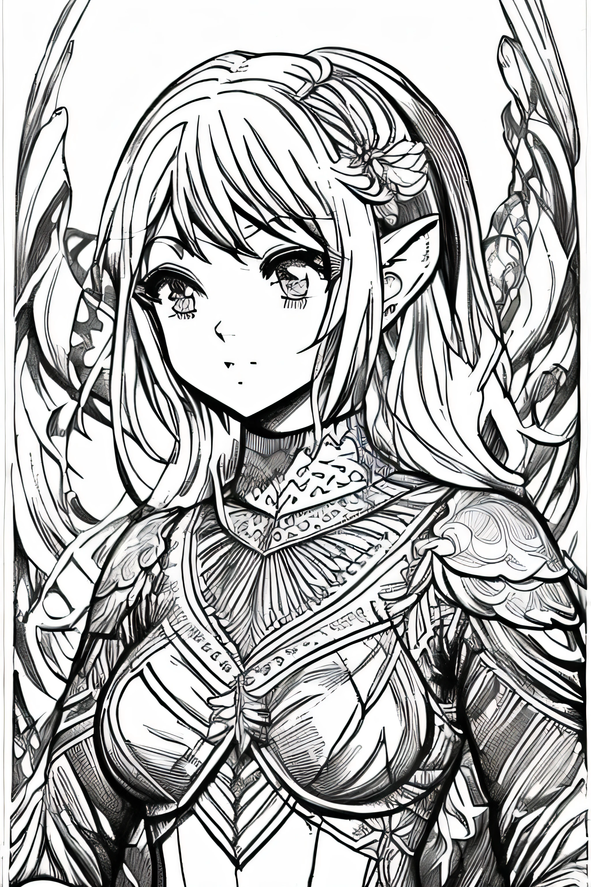 Dessin animé monochrome: ink croquis: Elfe manga (Meilleure qualité, 4k.8k, chef-d&#39;œuvre: 1.2), ultra-détaillé (Réaliste, photoRéaliste, photo-Réaliste: 1.37), croquis, Des lignes épurées, encre indienne, croquis, lignes expressives, Monochrome noir et blanc, cérémonie.