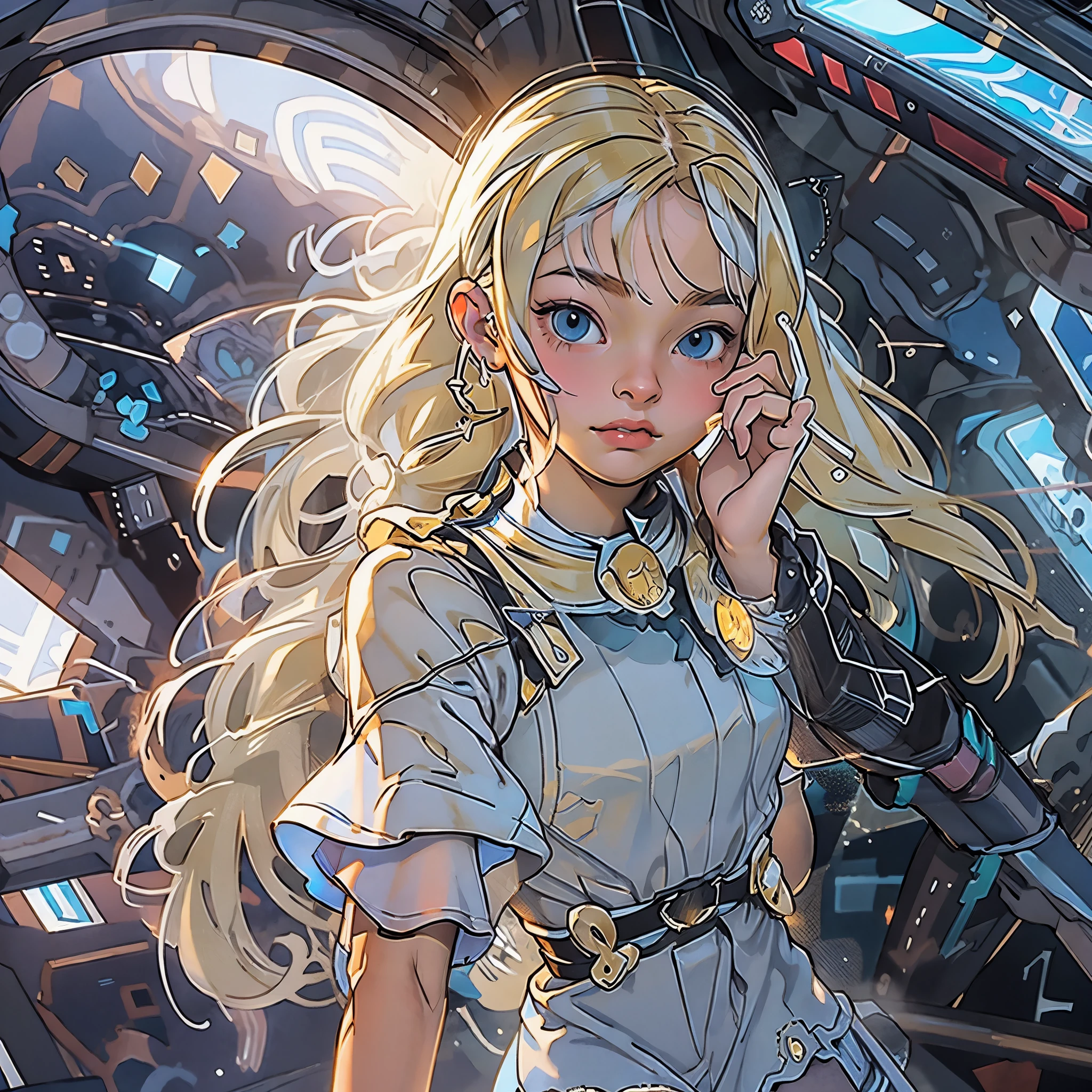 (best quality,4k,high res),ultra-detailed,anime,portrait,young,young blonde girl,aesthetic,body,dark blue eyes,detailed eyes,white clothes,blue details,fitting tight clothes,tight sleeves,spaghetti straps,short skirt,frills,fluffy skirt,spaceship,interior of a spaceship,golden necklace,vivid colors,soft lighting,blue color scheme