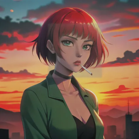 anime girl with red hair and green eyes smokes a cigarette, anime style 4 k, alena enami&#39;s style, anime style portrait, cool...