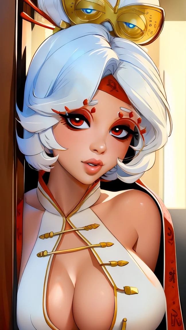 ((masterpiece)), ((best quality)), (detailed), perfect, solo, purah, gorgeous woman, luscious lips, white hair, sexy, marked collarbones 