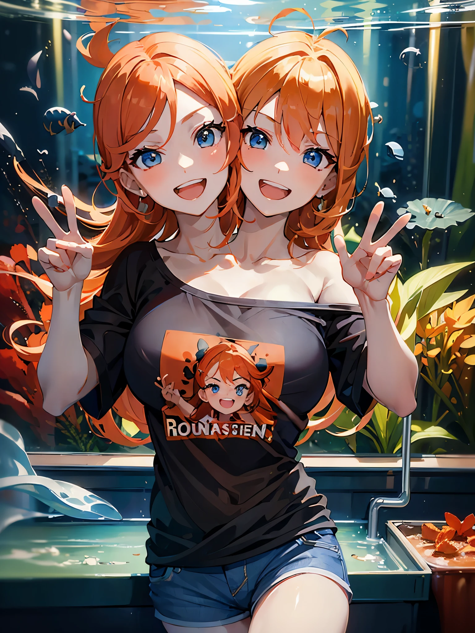 (masterpiece, best quality), best resolution, (2heads:1.5), 1girl, happy, different facial expressions, winking, one mouth open, one mouth closed, smiling, orange hair, blue eyes, black t-shirt, brown shorts, peace sign with one hand, aquarium exhibit, aquarium tank in background