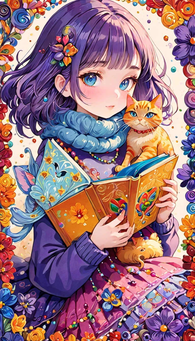 Cute  colorful  woollen art girl holding cat, beads  book,  focusing,, fantastic , perfect composition,  perfect details,  perfect eyes,  perfect iris,  high resolution, high quality, high definition,   ink painting , lovely, calm, painting splashes , quilling background