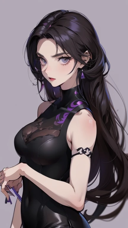 anime style, cartoon, comic, anime comic, medium dark colors, soft tones, lighting details, generates an image of a 20-year-old a single gothic girl, black painted lips, pastel purple eyes, long black hair dark pastel purple background, the girls hair reaches her eyebrows, defined eyebrows