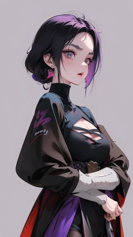 anime style, cartoon, comic, anime comic, medium dark colors, soft tones, lighting details, generates an image of a 20-year-old a single gothic girl, black painted lips, pastel purple eyes, long black hair dark pastel purple background, the girls hair reaches her eyebrows, defined eyebrows
