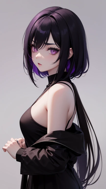 anime style, cartoon, comic, anime comic, medium dark colors, soft tones, lighting details, generates an image of a 20-year-old a single gothic girl, black painted lips, pastel purple eyes, long black hair dark pastel purple background, the girls hair reaches her eyebrows, defined eyebrows