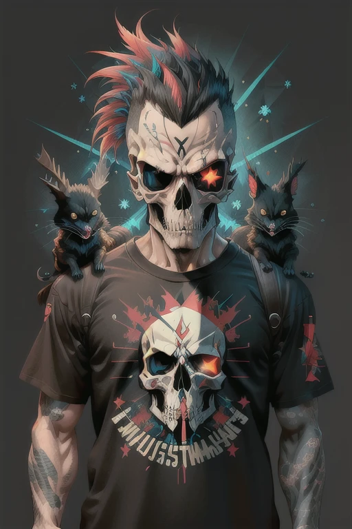 (mejor calidad,4k,8K,alta resolución,obra maestra:1.2), cráneo, mohicano, punk, vector art,j-horror, Fondo negro, diseño de logotipo de camiseta vectorial, alegre, Abuso de destellos en la lente, Yuki Katsura, prados subalpinos, Bagre Caminante, navidad roja 