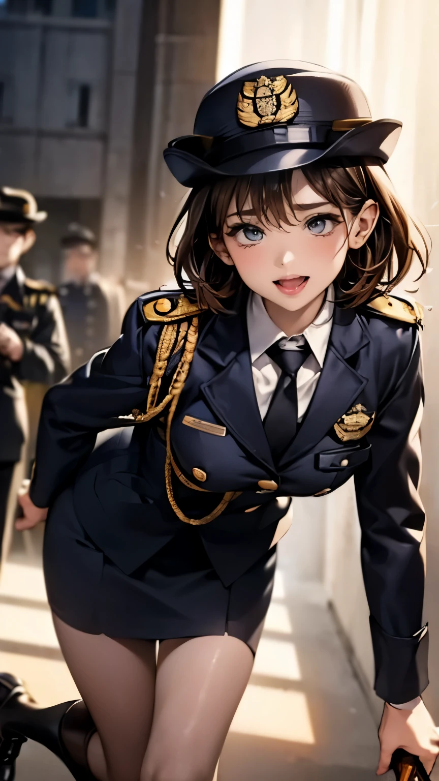 highest quality、masterpiece、8K、realistic、ultra high resolution、very delicate and beautiful、HDR、cinematic lighting、medium range shot、portrait、perfect female body、Beautiful woman、mature woman、Put your hands on your head、look at the viewer、medium breasts、cityscape、(short bob、brown hair)、((policewoman:1.4、uniform、limited cap、Uniform button、tie、uniform jacket))、Police Vehicles、Baton、handcuffs、wireless、vest、leather shoes、name tag、Uniform patch、Bulletproof vest、police badge、skirt、boots、gun、police badge、epaulettes、uniform skirt、Fucked Silly From Behind:1.6