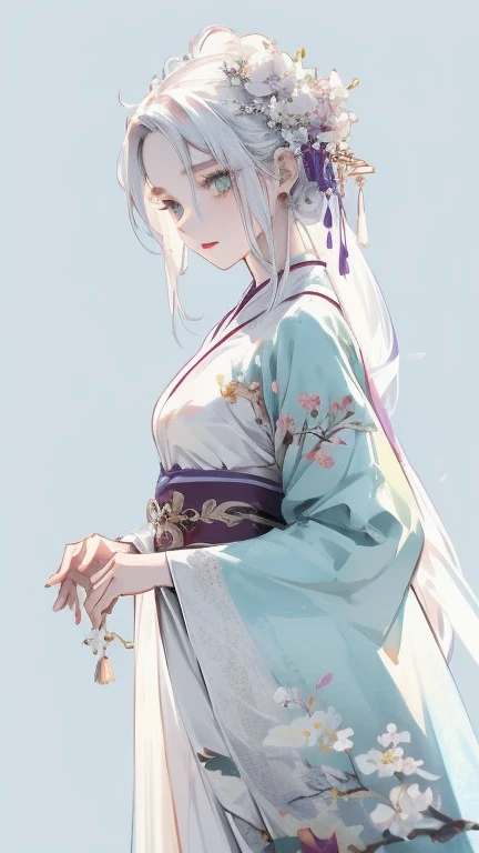 1 girl, solo, long white hair, shiny green eyes, detailed eyes, blink, silk hanfu, white robe hanfu, purple glittering butterflies, outdoors, flower garden, high quality, ancient chinese hanfu, floral background, very detailed