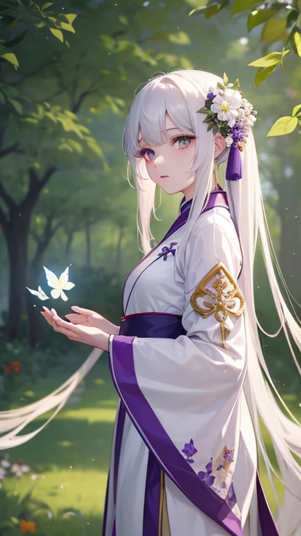 1 girl, solo, long white hair, shiny green eyes, detailed eyes, blink, silk hanfu, white robe hanfu, purple glittering butterflies, outdoors, flower garden, high quality, ancient chinese hanfu, floral background, very detailed