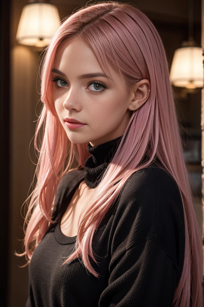 Superior quality, masterpiece, ultra high res, (ultra sharp focus) (photorealistic:1.4), raw photo, 1girl, long hair, pink hair, Hair tucked behind ear, female human ear, detailed eyes and face, cute expression, black sweater, warm cinematic lighting, in the dark, deep shadow, low key