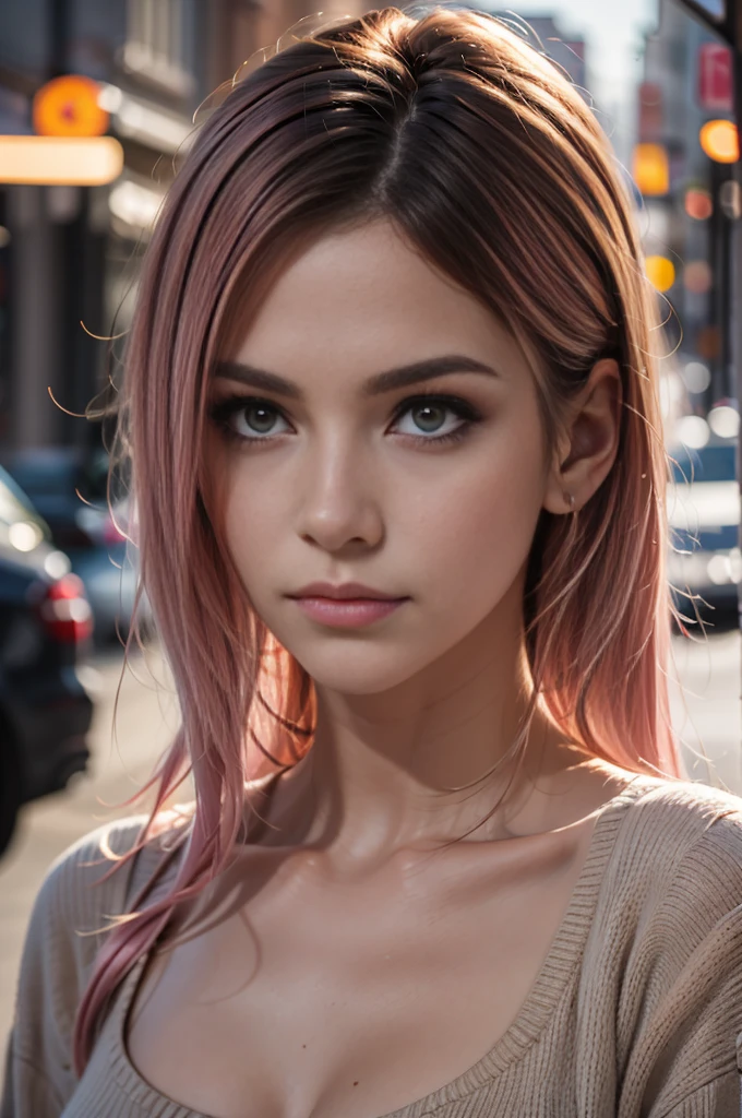 Superior quality, masterpiece, ultra high res, (ultra sharp focus) (photorealistic:1.4), raw photo, 1girl, long hair, pink hair, Hair tucked behind ear, female human ear, detailed eyes and face, cute expression, black sweater, warm cinematic lighting, in the dark, deep shadow, low key