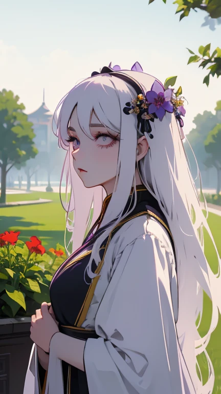 1 girl, solo, long white hair, shiny green eyes, detailed eyes, blink, silk hanfu, white robe hanfu, purple glittering butterflies, outdoors, flower garden, high quality, ancient chinese hanfu, floral background, very detailed