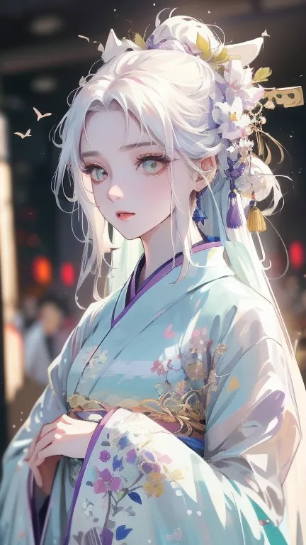 1 girl, solo, long white hair, shiny green eyes, detailed eyes, blink, silk hanfu, white robe hanfu, purple glittering butterfli...