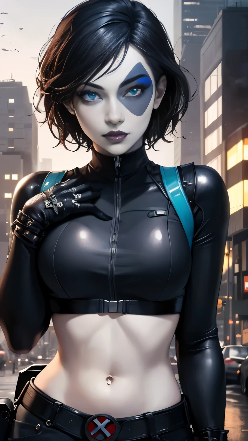 (Highly quality, masterpiece, detailed), city detailed scenario, city detailed background, solo, 1 woman, marveldomino, colored skin, makeup, leather cropped top, sleeves, gloves, belt, bellybutton piercing, bite her lips, beautiful eyes, look at the viewer, Sexy pose 