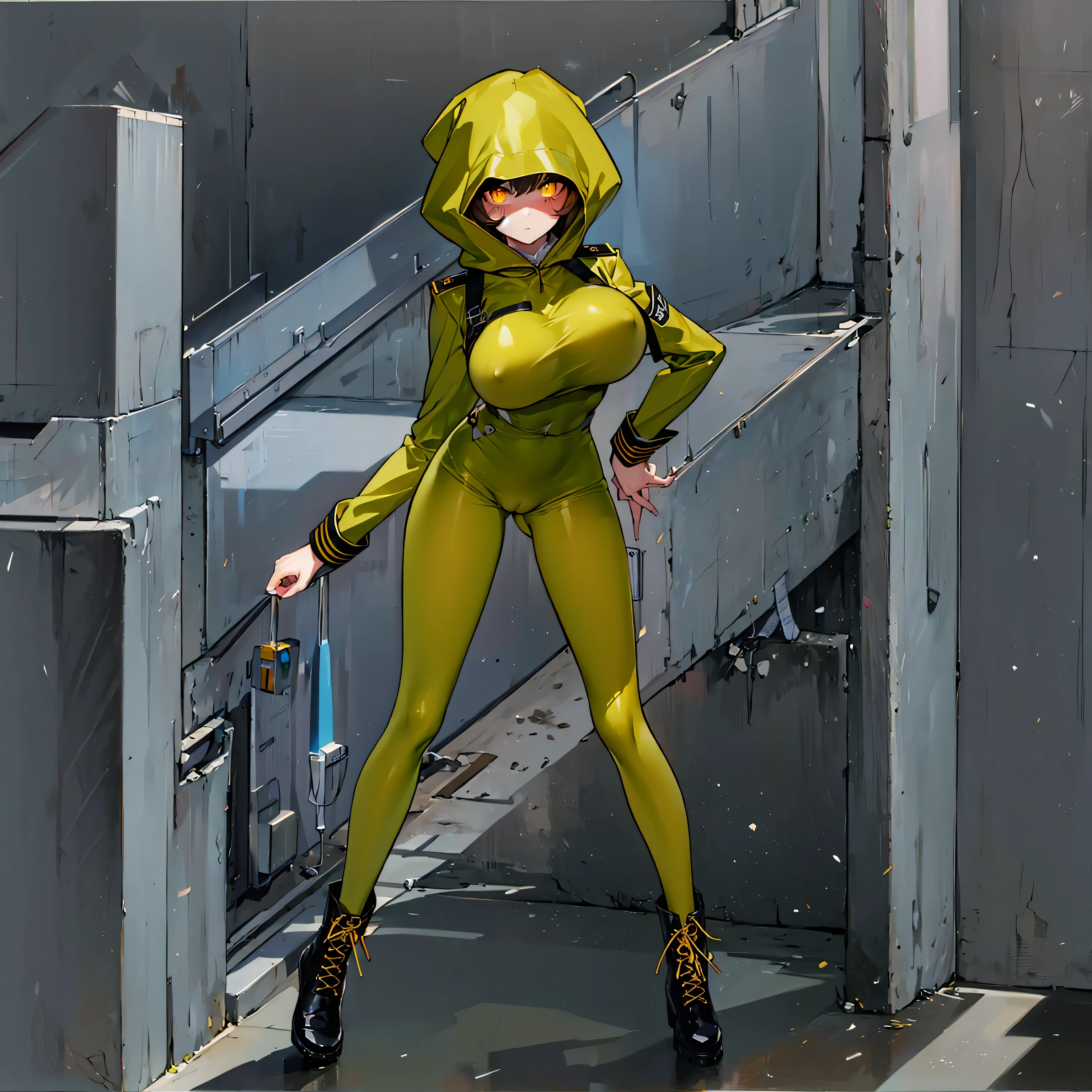 (solo cute girl standing in trench:1.3), (light brown hair:1.2) , (very long legs), (skinny long legs), (very short torso), swaying back, BREAK, (open legs:1.2), tiptoe, pigeon toed, BREAK, (bouncing unaligned large breasts:1.2), perky breasts, thin waist, BREAK, (dark brown military uniform:1.4), (hood covers face), trousers, military boots, BREAK, nose blush, looking at viewer, BREAK, (glowing golden eyes:1.6), BREAK, (wire entanglement fence in background), BREAK, (masterpiece, best quality, ultra-detailed:1.5), (nsfw:0.8), coverd erectile nipples, cameltoe