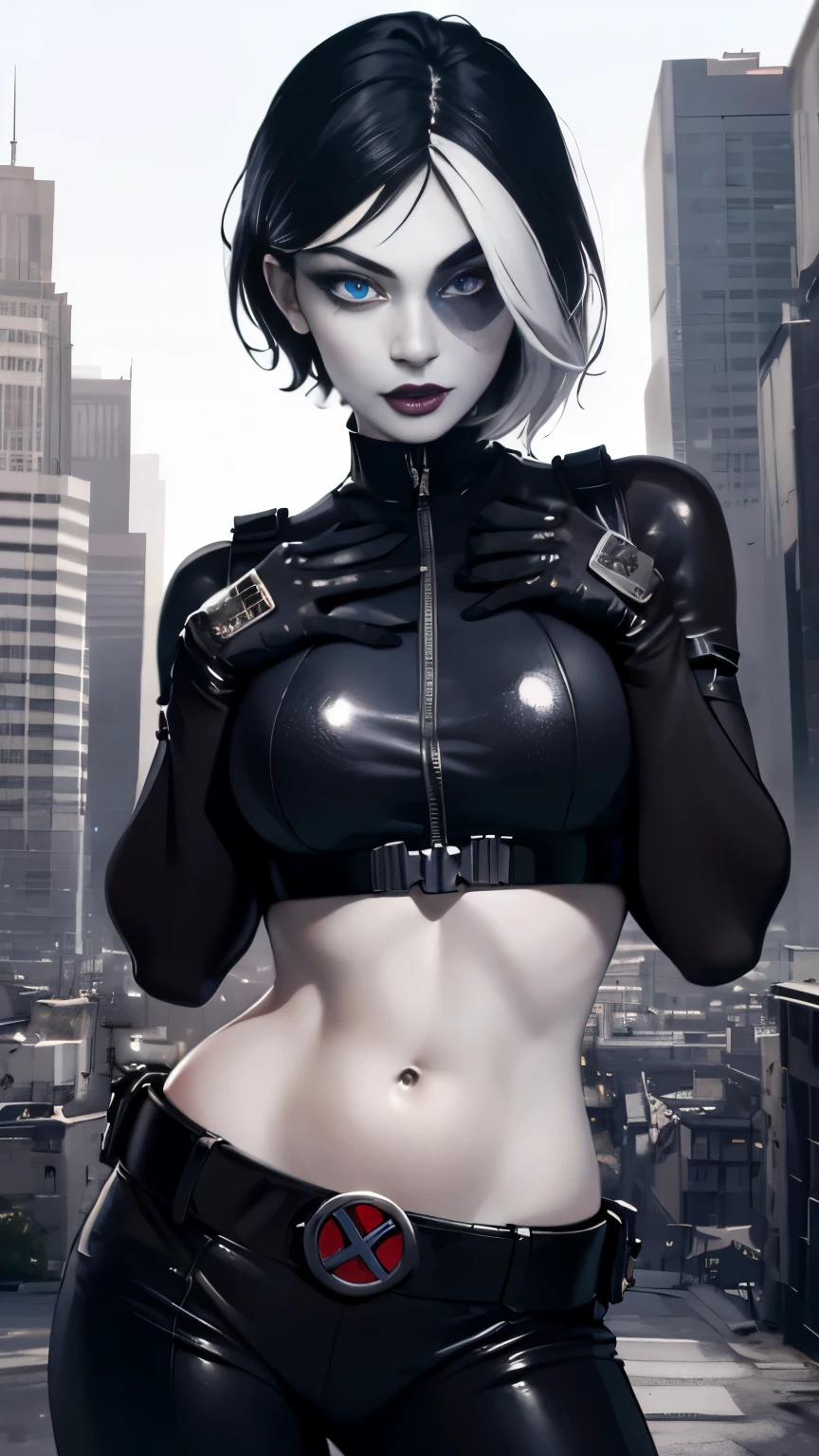 (Highly quality, masterpiece, detailed), city detailed scenario, city detailed background, solo, 1 woman, marveldomino, colored skin, makeup, leather cropped top, sleeves, gloves, belt, bellybutton piercing, bite her lips, beautiful eyes, look at the viewer, Sexy pose 