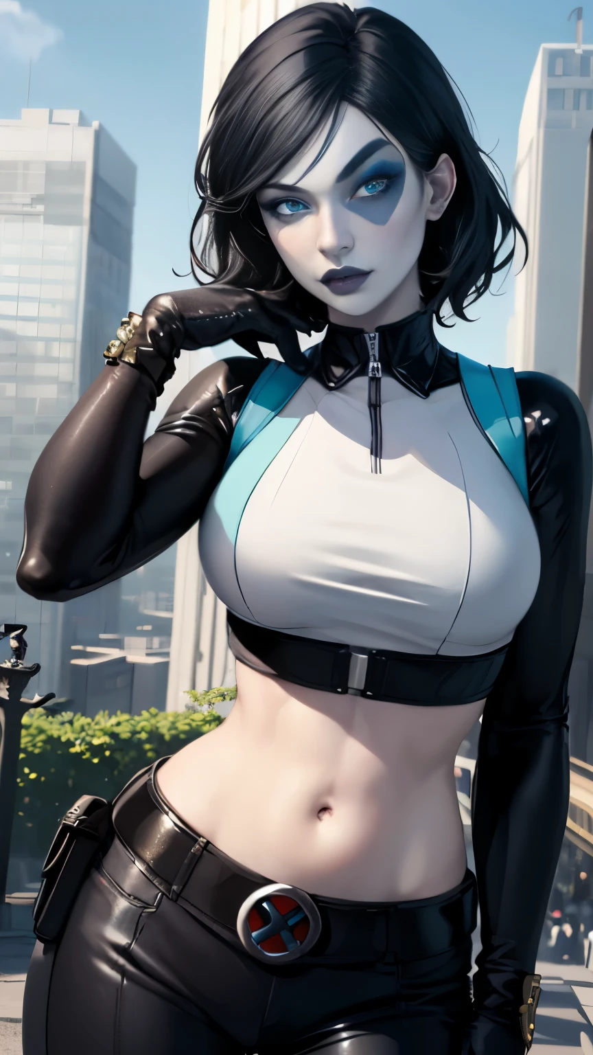 (Highly quality, masterpiece, detailed), city detailed scenario, city detailed background, solo, 1 woman, black hair, white hair, marveldomino, colored skin, makeup, leather cropped top, sleeves, gloves, belt, bellybutton piercing, bite her lips, blue eyes beautiful eyes, look at the viewer, Sexy pose 