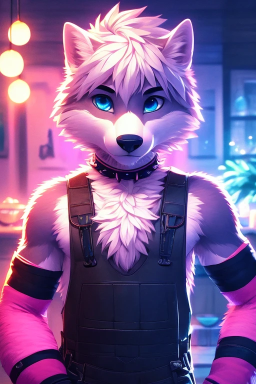 In a kitchen scene with a night atmosphere and a dark ambiance, there is a teen boy. He has blue eyes that are beautiful and detailed. His nose is also detailed and black in color. He has fluffy white fur all over his body which contrasts with his long flowing white hair. The boy is wearing pink underwear and has a spike collar around his neck. He is also wearing pink arm warmers and pink leg warmers.

The overall image quality is of the best quality, with 4k or 8k resolution, and it is a masterpiece. The level of detail in the image is ultra-detailed and realistic. The lighting in the scene is reminiscent of studio lighting, with sharp focus. The colors are vivid and the image has a bokeh effect.

The artwork style is a combination of portraits and photography. The color palette is dominated by blue tones, giving the image a cool and serene atmosphere.