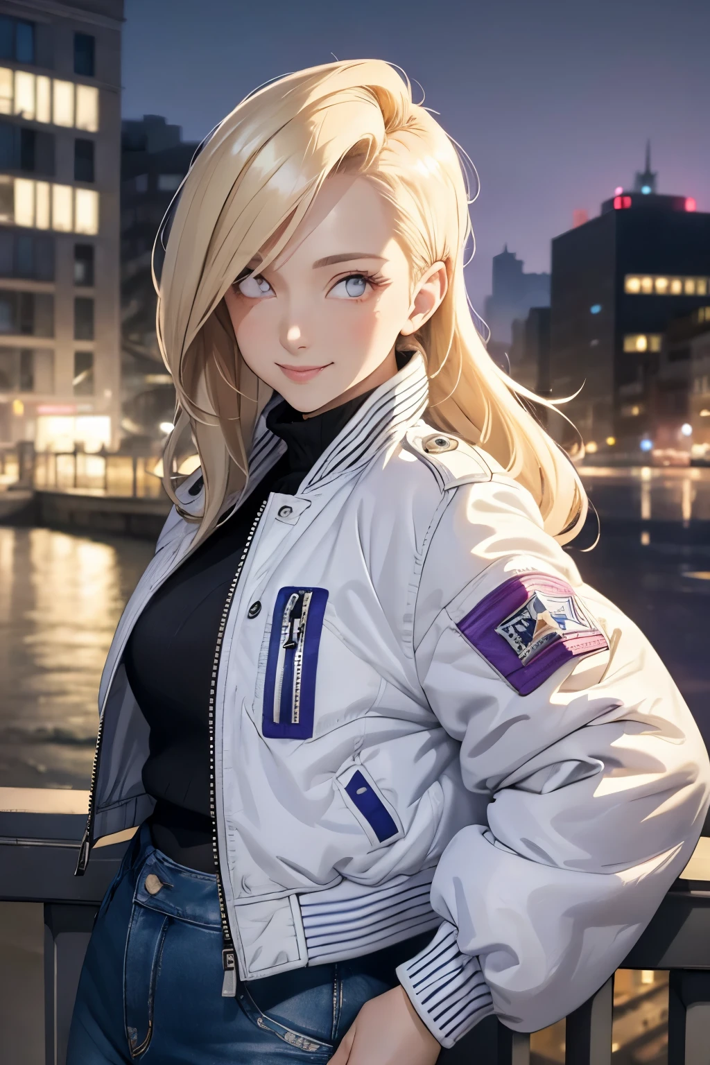 Masterpiece, Best Quality, Ultra-Detailed, 1woman, solo, adult woman, mature woman, blonde hair, mullet hairstyle, white eyes, bright eyes, purple jacket, bomber jacket, black cropped, jeans short, red purple all-stars, looking at the viewer, smiling, happy expression, city background, city daylight