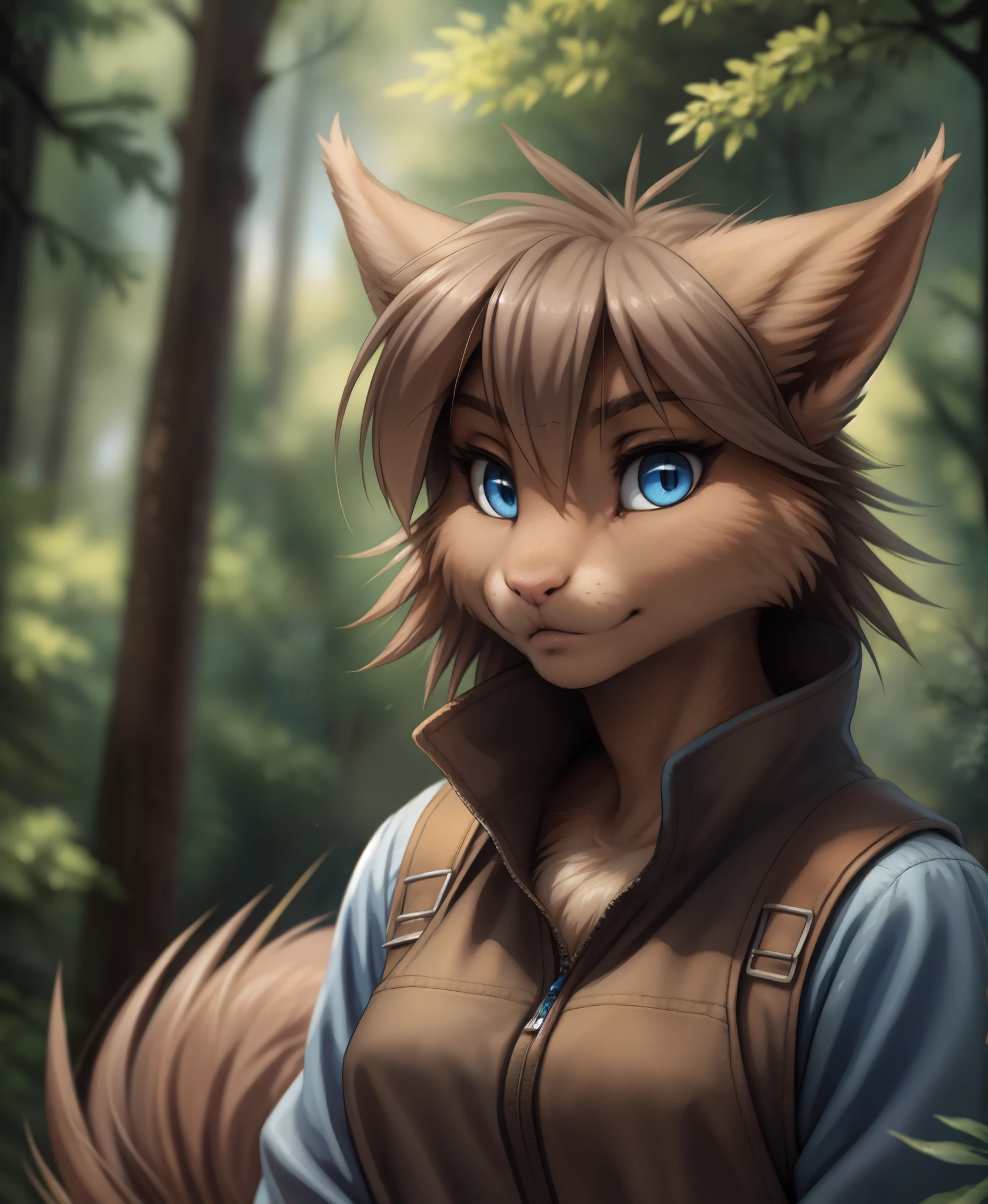 by kenket, by totesfleisch8, (by thebigslick, by silverfox5213:0.8), (by syuro:0.2),, mrs-nibbly, twokinds, (best quality, masterpiece:1), solo, furry female anthro, blue eyes, light brown hair, medium hair, squirrel tail, finger claws, portrait, looking at viewer, (outdoors dark forest trees blurry blurred background:1.1), 