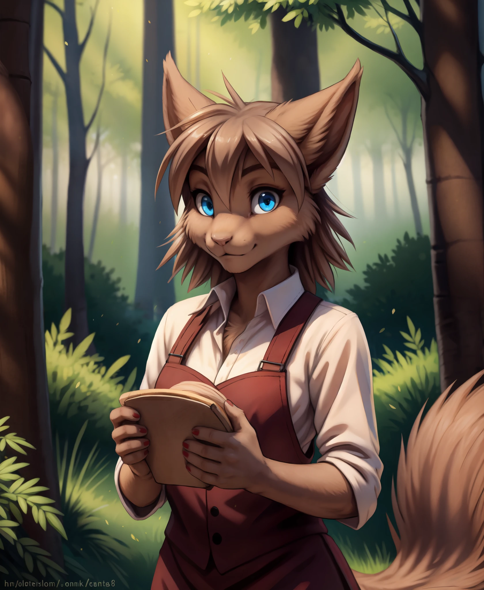 by kenket, by totesfleisch8, (by thebigslick, by silverfox5213:0.8), (by syuro:0.2),, mrs-nibbly, twokinds, (best quality, masterpiece:1), solo, furry female anthro, blue eyes, light brown hair, medium hair, squirrel tail, finger claws, portrait, looking at viewer, (outdoors dark forest trees blurry blurred background:1.1), 