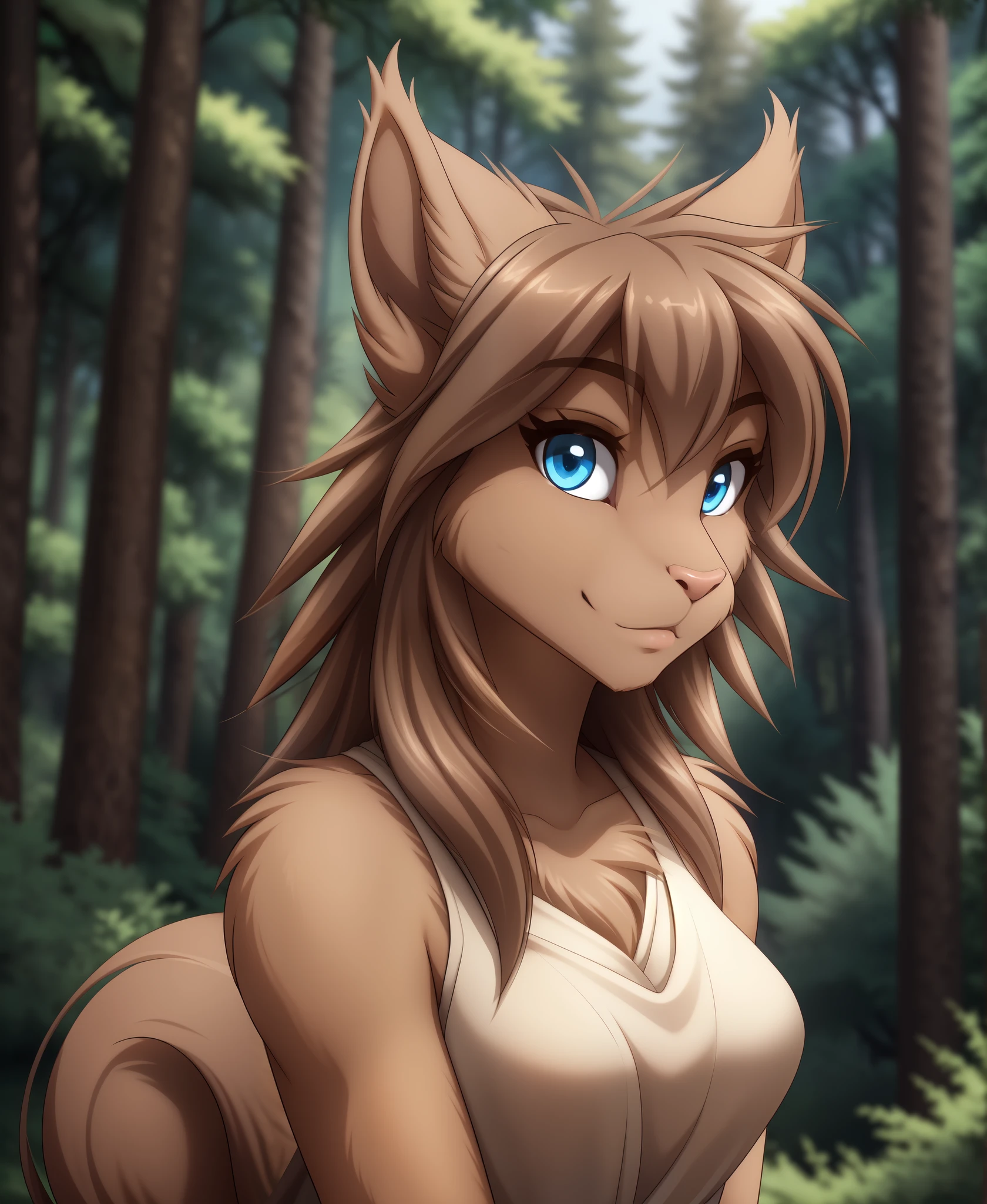 mrs-nibbly, twokinds, (best quality, masterpiece:1), solo, furry female anthro, blue eyes, light brown hair, medium hair, squirrel tail, finger claws, portrait, looking at viewer, (outdoors dark forest trees blurry blurred background:1.1), 