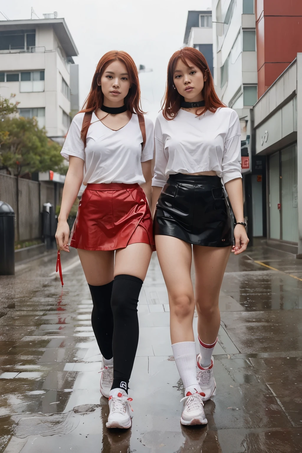 Two women walking down a wet street in short skirts - SeaArt AI