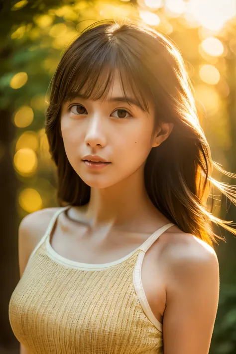 (dense woods: 1), the golden hour, Light brown eyes, Skinny Japanese woman, 1 woman, cute face, Light clothing, (Photorealistic)...