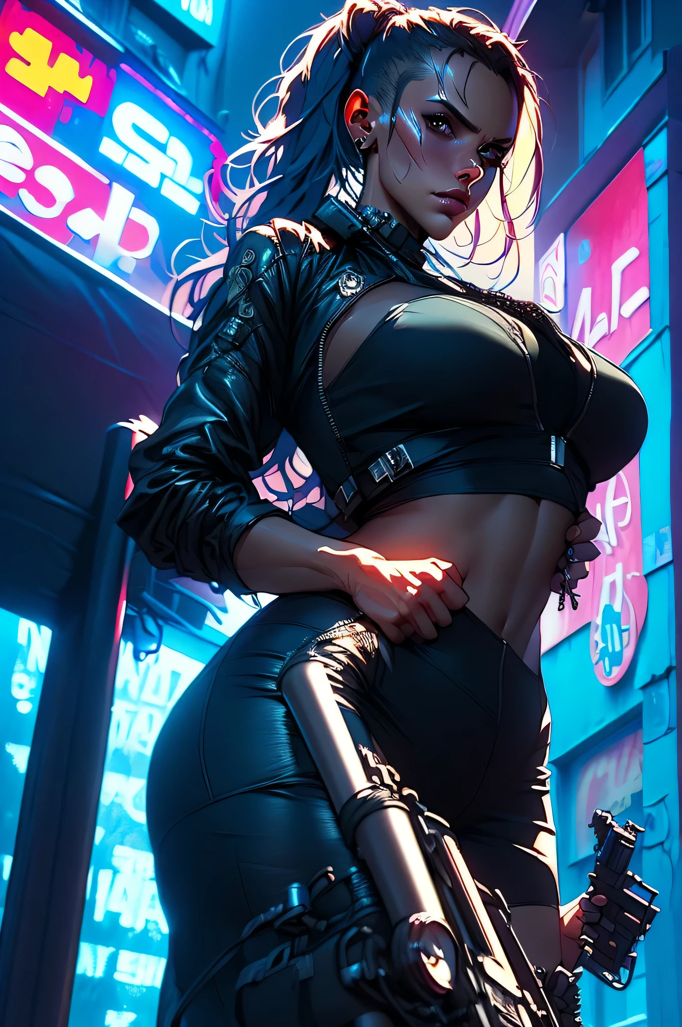 ((Meilleure qualité)), ((chef-d&#39;œuvre)), (corps et visage très détaillés:1.3), 3D, Beau (cyberpunk:1.3) Beau woman with wavy hair and voluminous modern style VERY DETAILED AND BRIGHT,((avec des armes à la main) ), (((fond de style film futuriste Mad Max))), (((pink and cyan neon lights la nuit))), image de nuit, la nuit, 32k