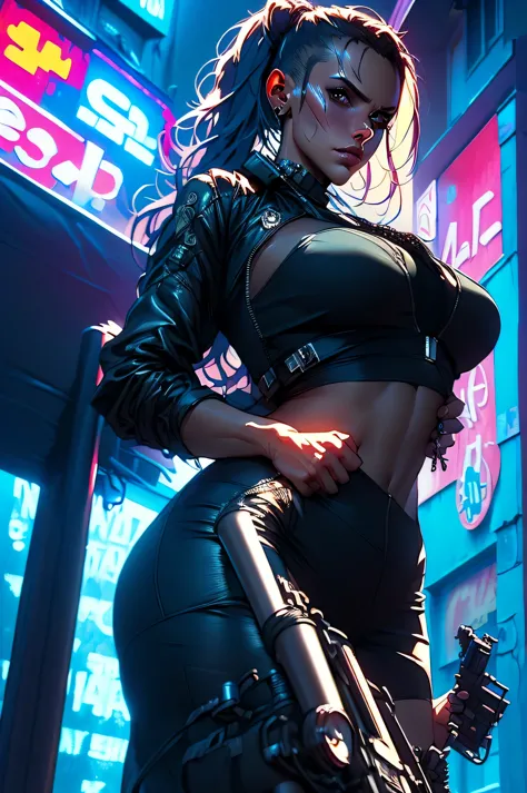 ((best quality)), ((masterpiece)), (very detailed body and face:1.3), 3D, Beautiful (cyberpunk:1.3) Beautiful woman with wavy ha...