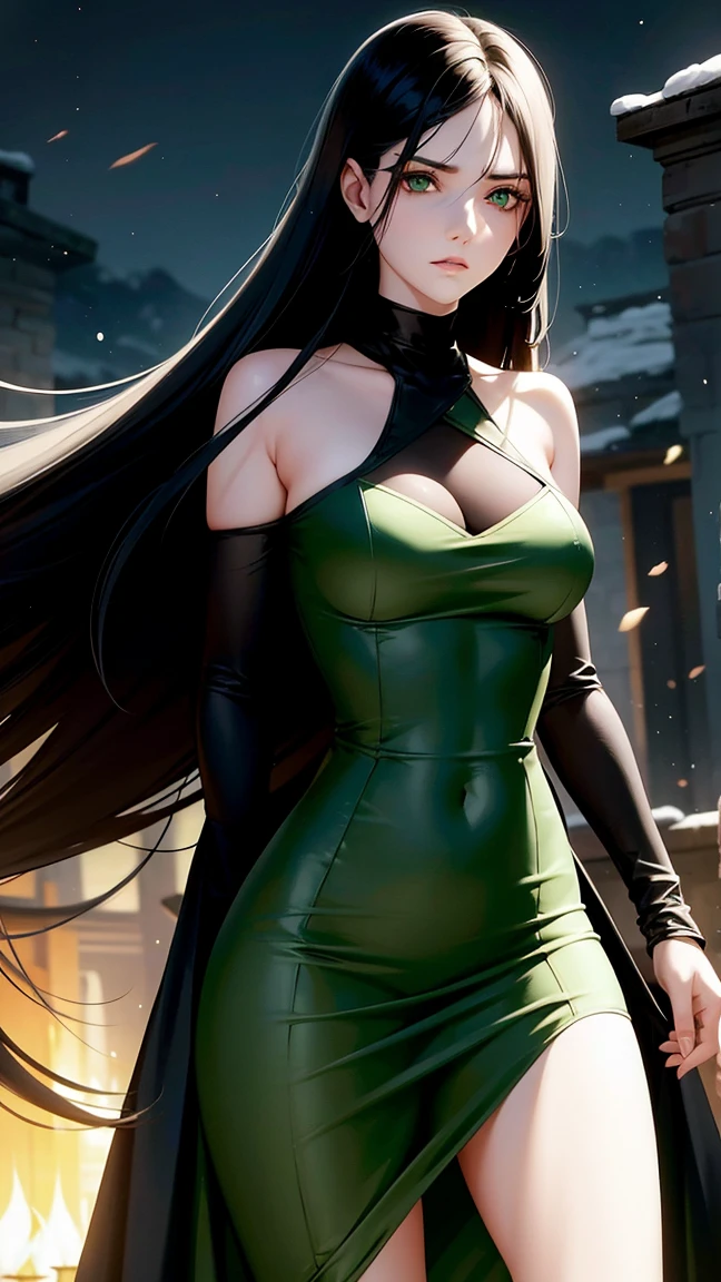 Long dark hair, pale skin, and striking green eyes. Sara has an attractive figure, often dressing in feminine and alluring clothing, Angry expression 