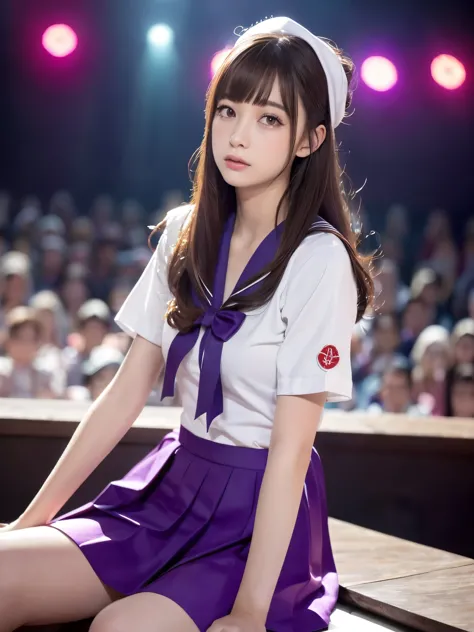 white base with purple-red sailor suit、tulle skirt、23 years old, performing on an empty stage, concert photos, cute core、(bob ha...