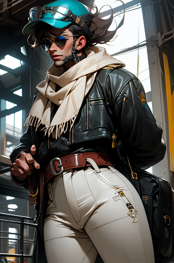 the best possible quality, 8K ultra resolution, Stunning illustration, The best of everything, awarded, how to be the best,(( beautiful young man, Aviator hat, Leather belt with buckle, aviator clothing, Action pose Adds effect at the end ., aviator glasses, scarf neck length, light Brown wide pants:1.6)), ((cyan, Brown, pink, white: 1.5)), epic desert setting: 1.5, Photorealistic: 1.4, Skin texture: 1.4, super masterpiece, super detailed, Hyper detailed, 32k