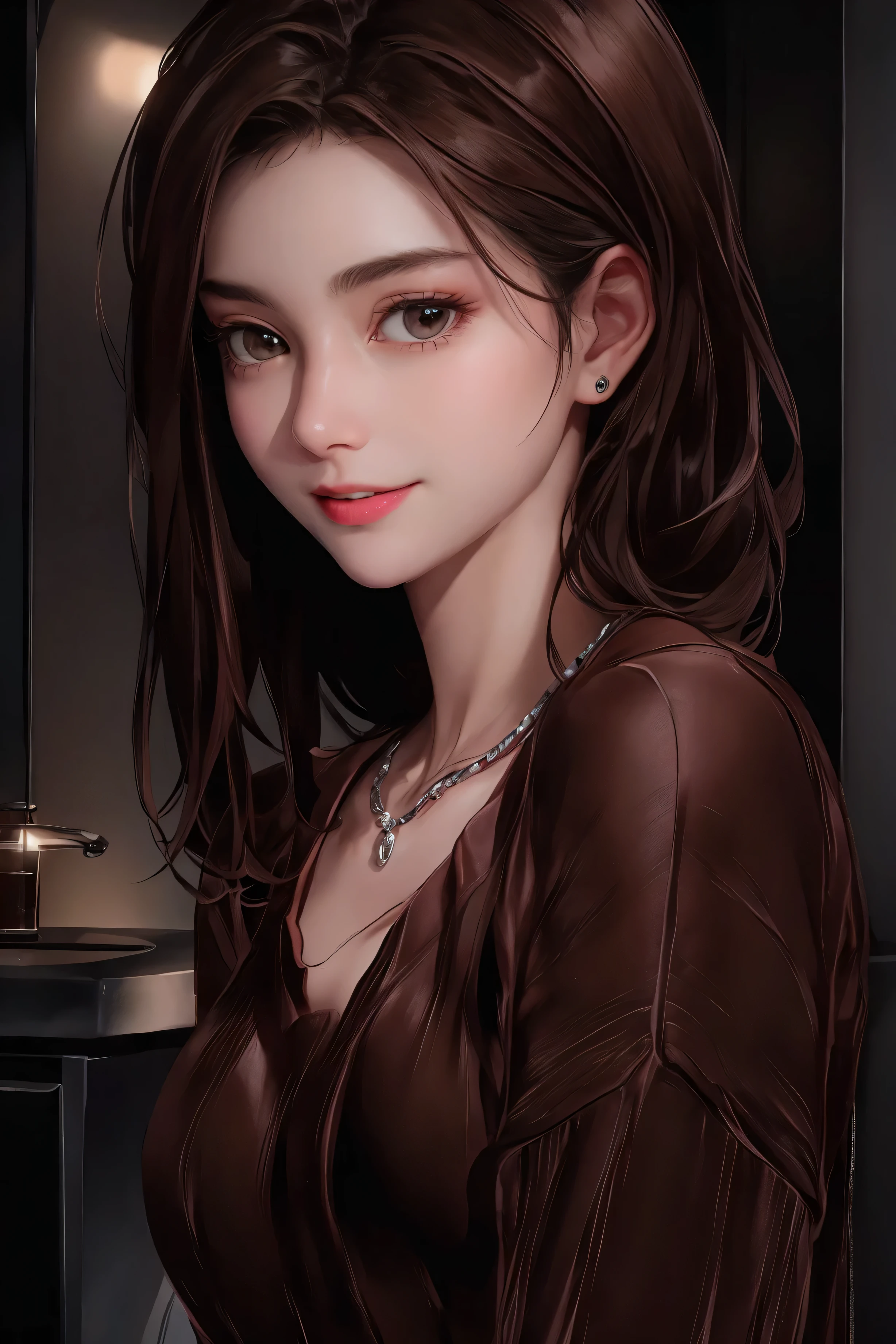 ((night、realistic light、highest quality、8K、masterpiece: 1.3))、1 girl、slim beauty: 1.4、(brown hair、medium breasts: 1.3)、pink long sweater: 1.1、Bathroom、ultra thin face、delicate eyes、 double eyelid、smile、necklace、brown eyes