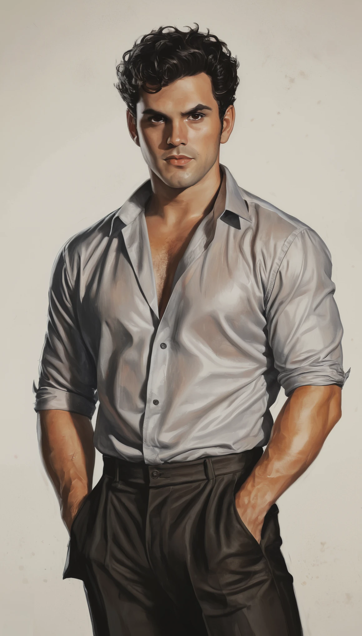 An illustrated movie poster, hand-drawn, full color, a male demon, 28 years-old, wearing a silk shirt and black slacks, reddish skin, stocky physique, soft belly, slightly chubby, deep brown eyes, wide bulbous nose, full lips, devil horns, black hair, curly hair, thick bushy eyebrows, extremely hairy chest, stomach, and arms, lots of body hair, surrounded by fire, hard shadows, graphite shading, stencil markings, airbrushed acrylic paint, masterpiece