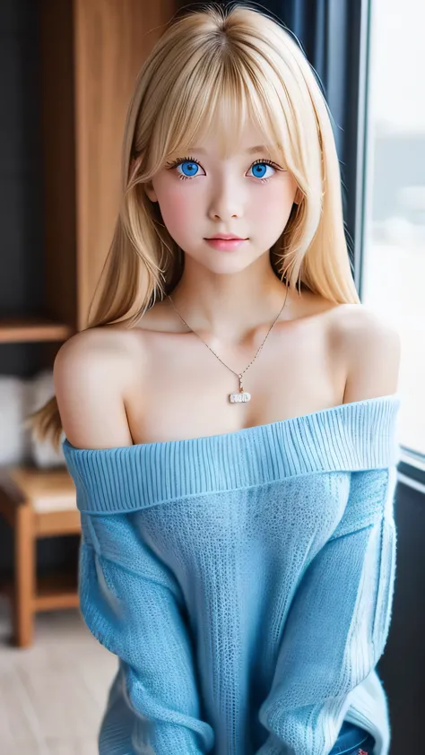 1 girl, 16 years old, A peerless beautiful girl、solo, Super long blonde hair, Messy bangs on face、huge , Looking at Viewer, blonde hair, bare shoulders, Big bright blue eyes、very big eyes、jewelry, whole body, necklace, off shoulder, sweater, Reality, sexy ...