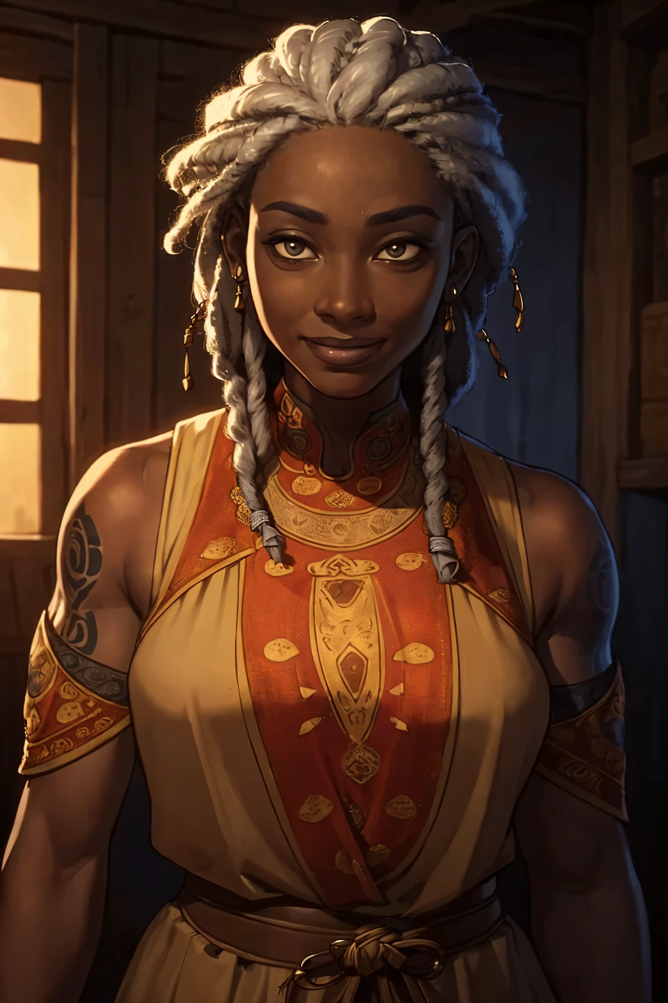 a dark skin ((50y)) woman, aged, dreadlocks hair, gray hair, tattoos on arms, cian tattoos, (wearing outfits with african prints, like a NPC for a Medieval RPG), confident expressions, smiling, at small village, | (8k, RAW photo, best quality, masterpiece:1.2), ultra-detailed, (high detailed skin:1.2), 8k uhd, dslr, soft lighting, high quality, ((upper body)), ((LOOKING at the VIEWER)), asura, film grain, highly detailed shading