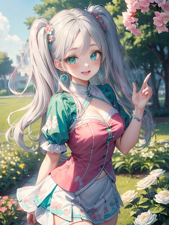 小さなgirl、The arrival of spring、thick thighs、thick thighs、 big ass、(alone:1.5,)Super detailed,bright colors, very beautiful detailed anime face and eyes, look straight, ;d, shiny_skin,girl, ((silver long hair,Inner color is red 、forehead is exposed.、green eyes、、shiny hair, delicate beautiful face, blush、(turquoise eyes), White skin, Valletta, earrings,、blue flower field、(((Floral pink outfit、white mini skirt)))、twin tails、smile、happy face、face dyed red