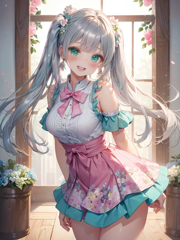 小さなgirl、The arrival of spring、thick thighs、thick thighs、 big ass、(alone:1.5,)Super detailed,bright colors, very beautiful detailed anime face and eyes, look straight, ;d, shiny_skin,girl, ((silver long hair,Inner color is red 、forehead is exposed.、green eyes、、shiny hair, delicate beautiful face, blush、(turquoise eyes), White skin, Valletta, earrings,、blue flower field、(((Floral pink outfit、white mini skirt)))、twin tails、smile、happy face、face dyed red