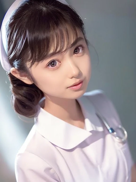 1 girl,(Wearing white nurse clothes:1.2),(RAW photo, highest quality), (realistic, photo-realistic:1.4), masterpiece, very delicate and beautiful, very detailed, 2k wallpaper, wonderful, finely, very detailed CG unity 8k wallpaper, Super detailed, High resolution, soft light, beautiful detailed girl, very detailed eyes and face, beautifully detailed nose, finely beautiful eyes, nurse, perfect anatomy, black hair, up style, nurse uniform, ((nurse cap)), long skirt, nurse, white costume, thin, hospital, clear, white uniform, hospital room, auscultation on the neck,face close up