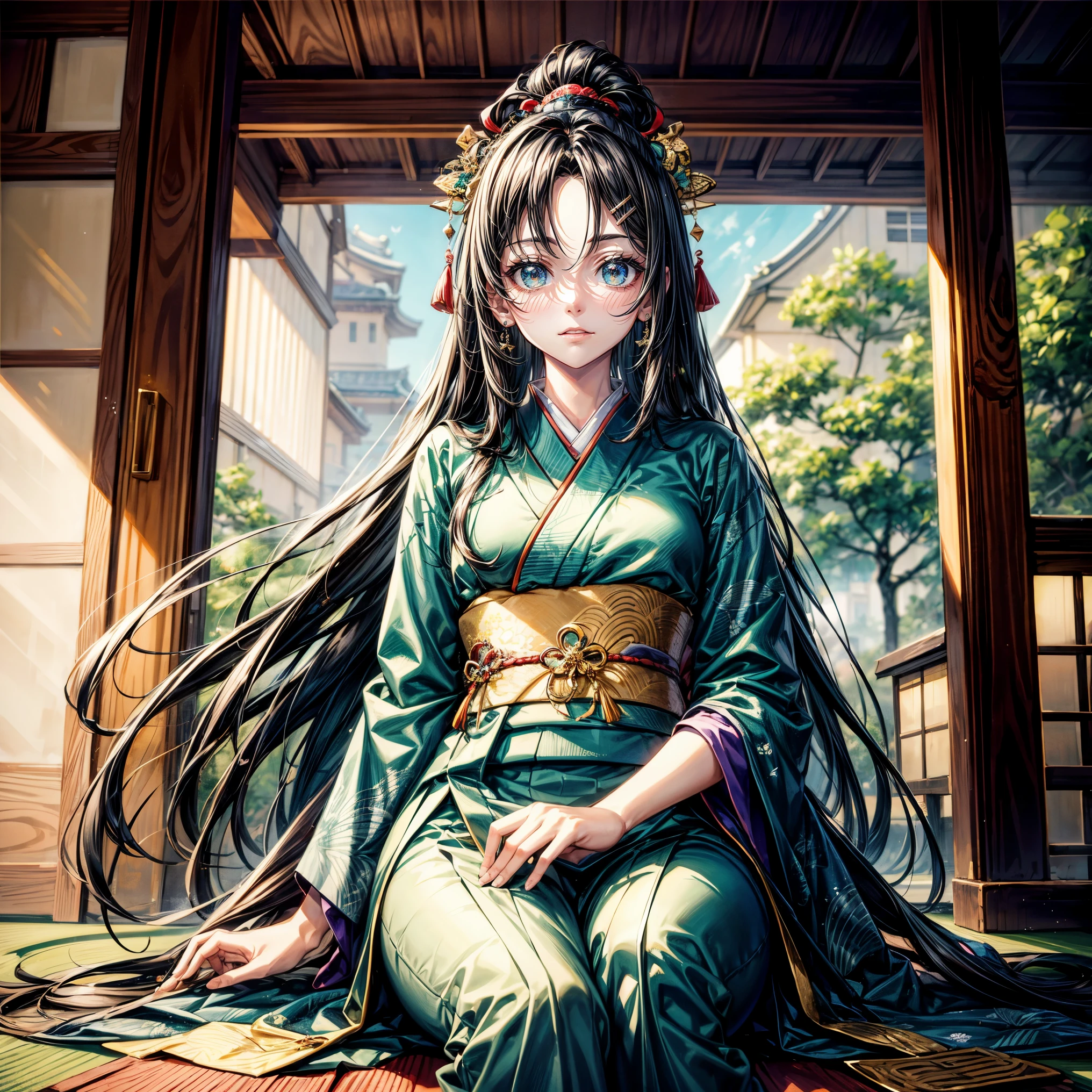 masterpiece,highest quality,Ultra high definition, Ono no Komachi, ancient Japanese court, graceful, elegant, kimono, deep jade green eyes, jet black hair, long flowing straight hair, golden hairpin, calm and pensive expression, Hairstyle that shows the forehead