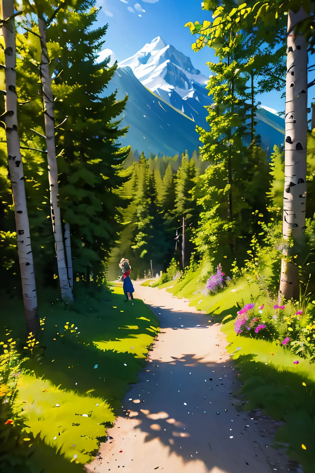 Mountain path, fir trees, birch trees, children playing, flowers, butterflies, flying birds, landscape, birds chirping, sunlight filtering through the trees, soft breeze, lush green foliage, sparkling water reflections, vibrant wildflowers, joyful laughter, carefree children's expressions, dynamic brushstrokes, mountain, harmonious composition.
