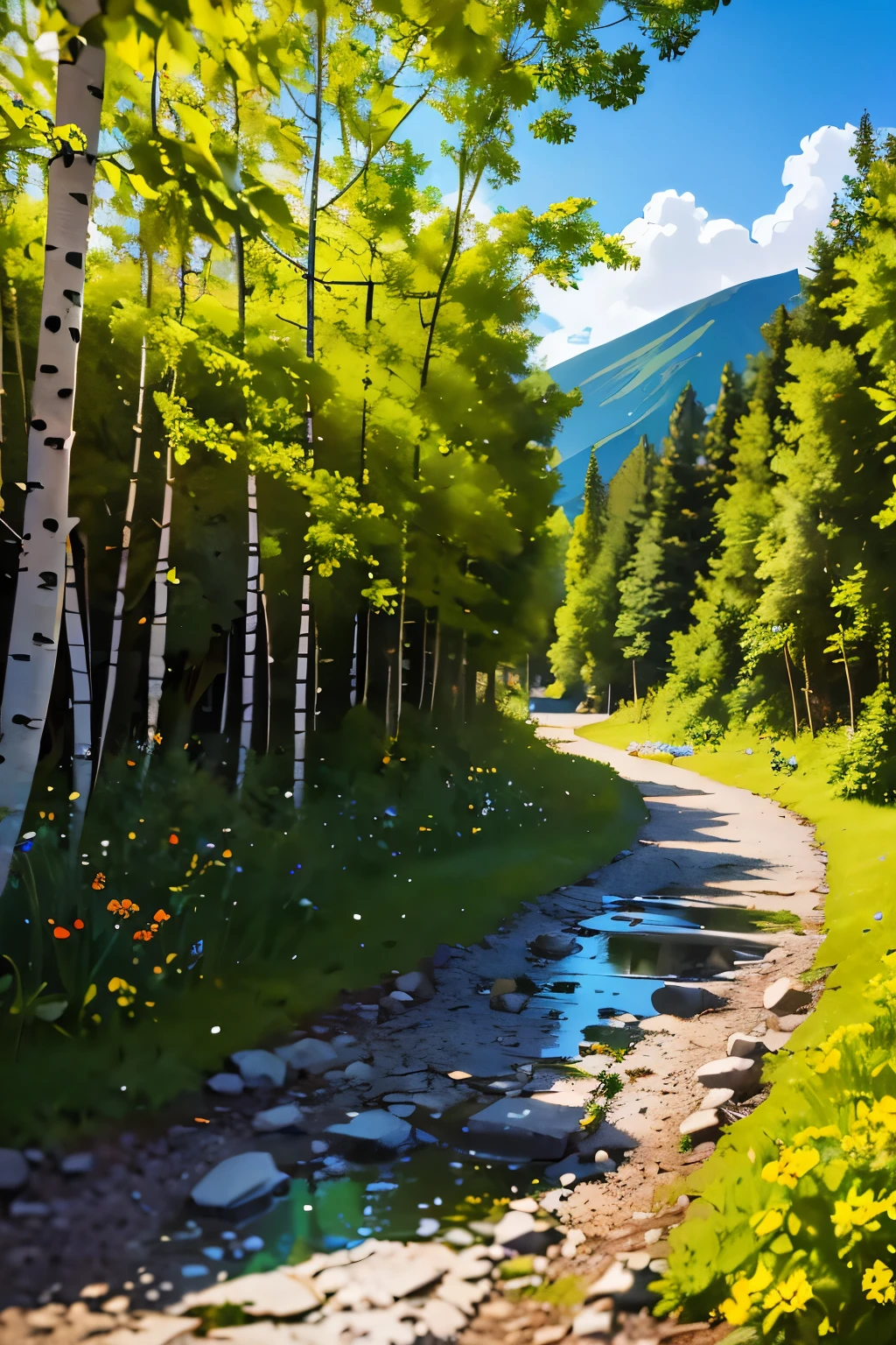 Mountain path, fir trees, birch trees, children playing, flowers, butterflies, flying birds, landscape, birds chirping, sunlight filtering through the trees, soft breeze, lush green foliage, sparkling water reflections, vibrant wildflowers, joyful laughter, carefree children's expressions, dynamic brushstrokes, mountain, harmonious composition.
