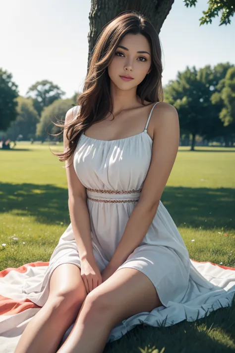 high-resolution photo of a beautiful woman wearing a summer dress sitting on a blanket in a park, photorealistic, uhd, optimal p...