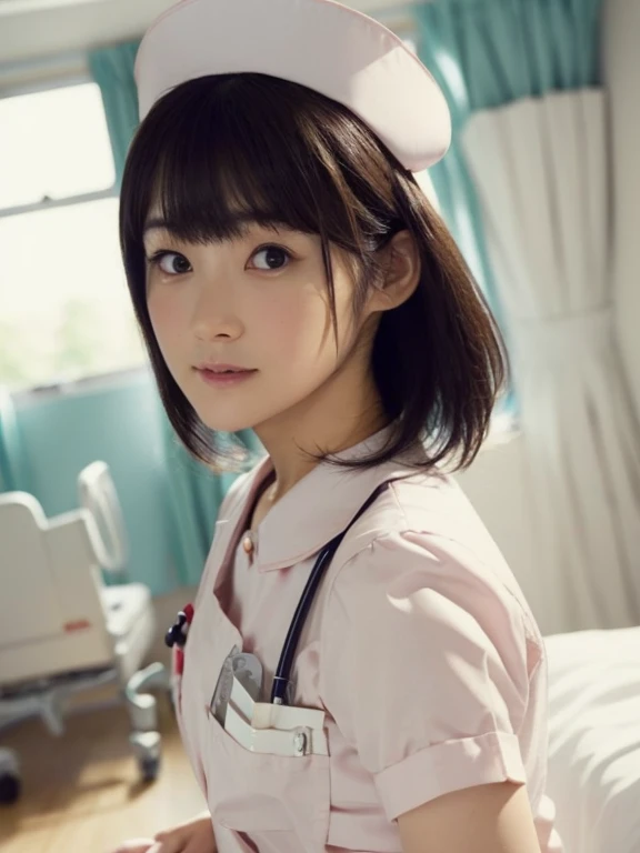 1 girl,(Wearing white nurse clothes:1.2),(Raw photo, highest quality), (realistic, photo-realistic:1.4), masterpiece, very delicate and beautiful, very detailed, 2k wallpaper, wonderful, finely, very detailed CG unity 8k wallpaper, Super detailed, High resolution, soft light, beautiful detailed girl, very detailed eyes and face, beautifully detailed nose, finely beautiful eyes, nurse, perfect anatomy, black hair, up style, nurse uniform, ((nurse cap)), long skirt, nurse, white costume, thin, hospital, clear, white uniform, hospital room, Neck auscultation,close your face,