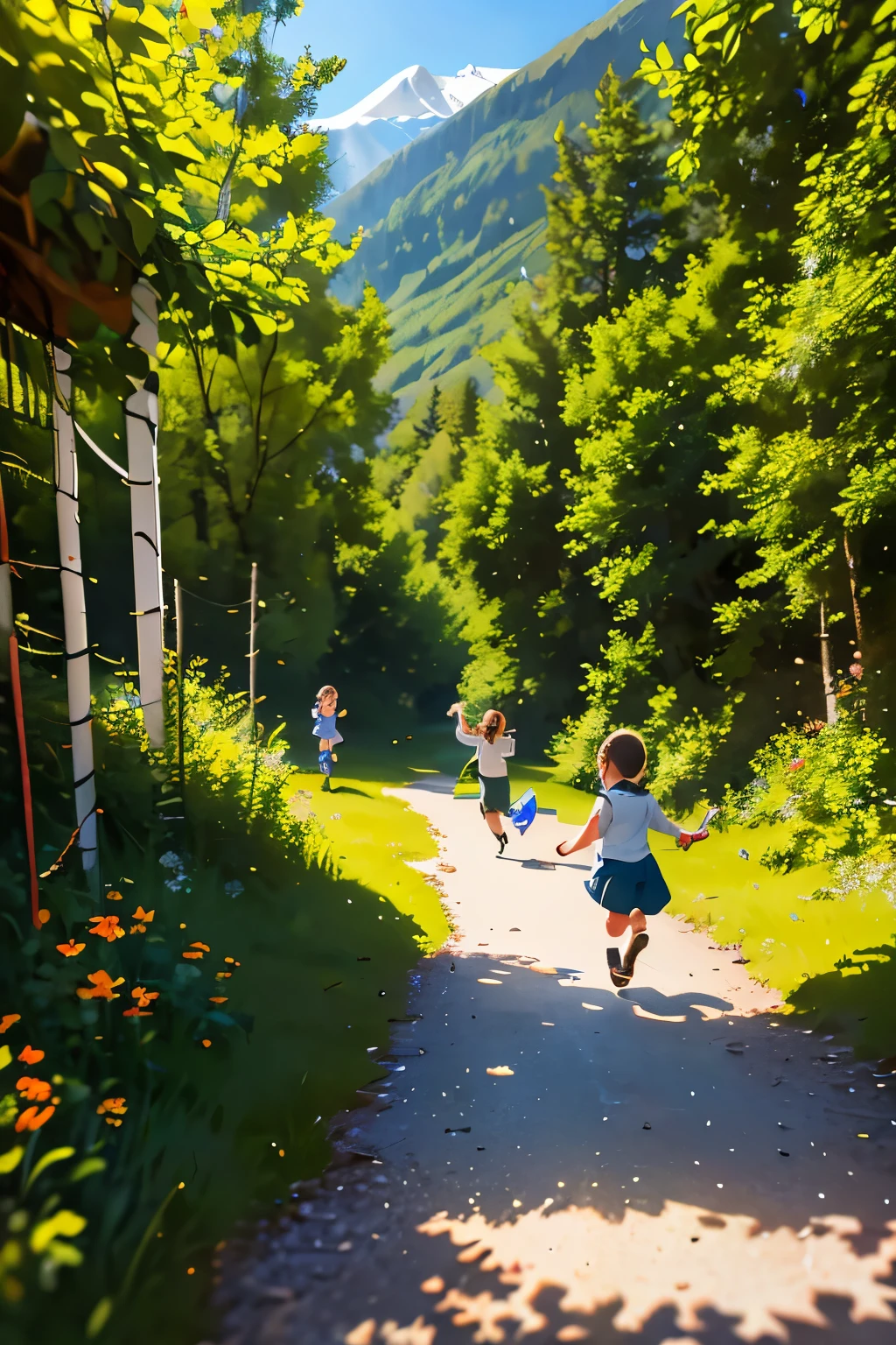 Mountain path, fir trees, birch trees, children playing, flowers, butterflies, flying birds, landscape, birds chirping, sunlight filtering through the trees, soft breeze, lush green foliage, sparkling water reflections, vibrant wildflowers, joyful laughter, carefree children's expressions, dynamic brushstrokes, mountain, harmonious composition.
