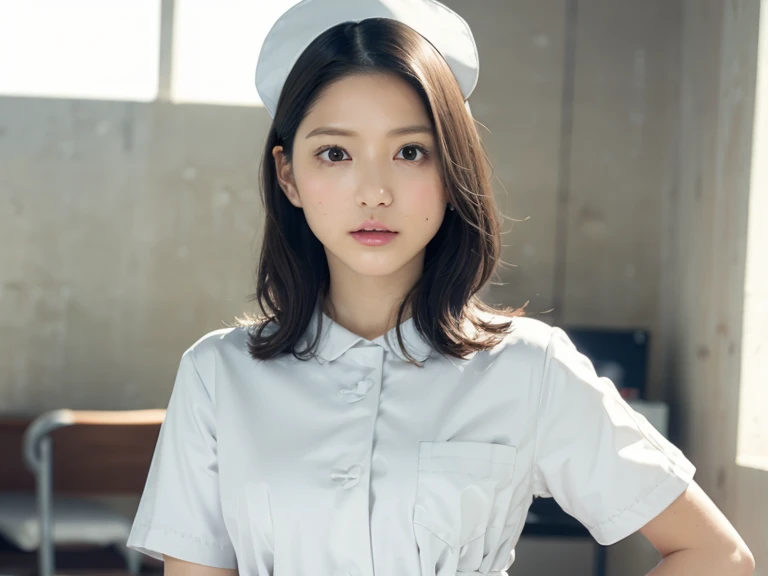 1 girl,(Wearing white nurse clothes:1.2),(Raw photo, highest quality), (realistic, photo-realistic:1.4), masterpiece, very delicate and beautiful, very detailed, 2k wallpaper, wonderful, finely, very detailed CG unity 8k wallpaper, Super detailed, High resolution, soft light, beautiful detailed girl, very detailed eyes and face, beautifully detailed nose, finely beautiful eyes, nurse, perfect anatomy, black hair, up style, nurse uniform, ((nurse cap)), long skirt, nurse, white costume, thin, hospital, clear, white uniform, hospital room, Neck auscultation,close your face,