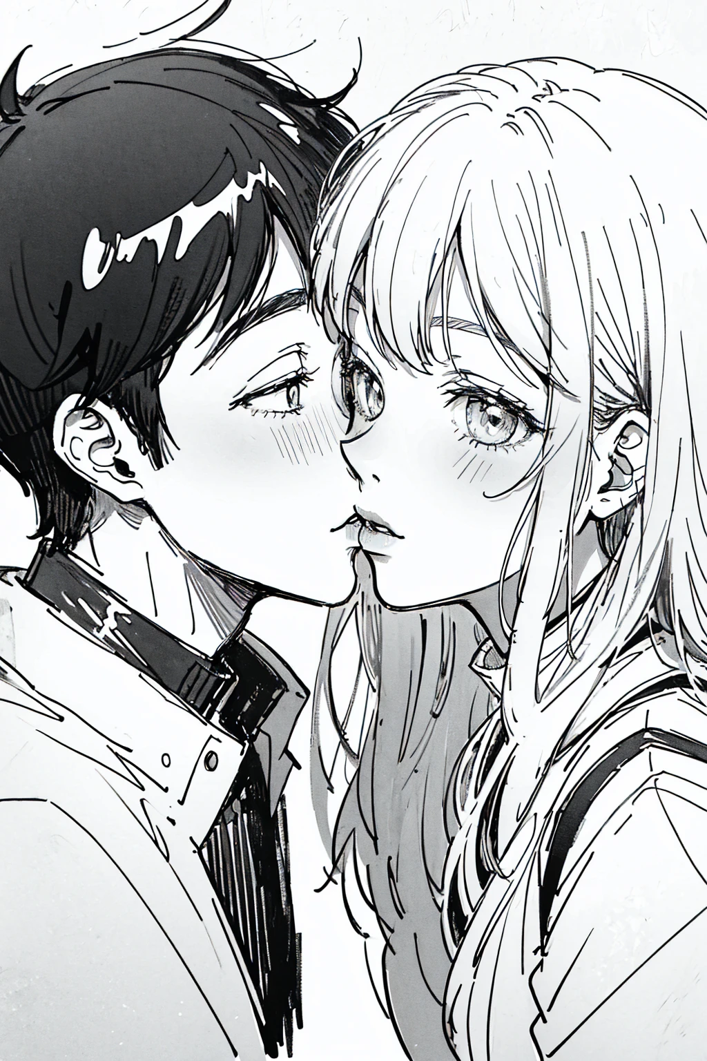 Line art. ((Sketch)). Black and white. An anime style photo. A romance style. Boy and girl close up photo. Looking at each other. The girl blushing her face and close her eyes. They are about to kiss each other