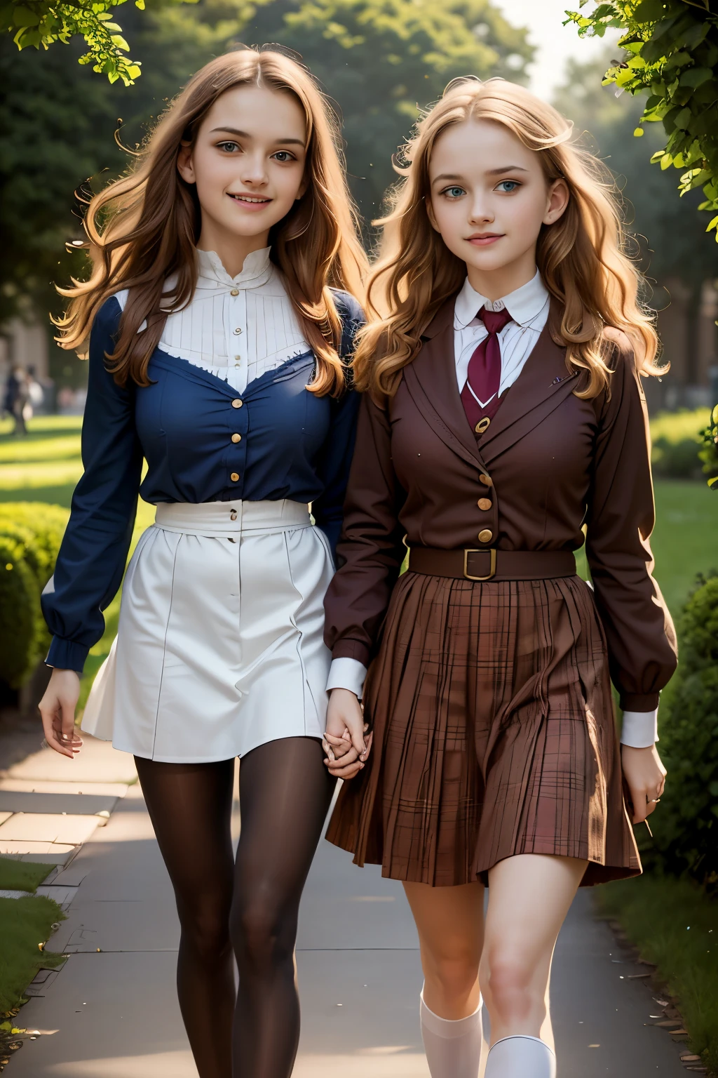 two girls, (Virginia Otis, 15 years old (blond hair, blue eyes)) pose with (16 years old Georgie Gerald (blond hair, green eyes)). Victorian style. thin, cute face, walks at night in Canterville Castle (inspired by the novel The Canterville Ghost). aged 1887, Victorian fantasy