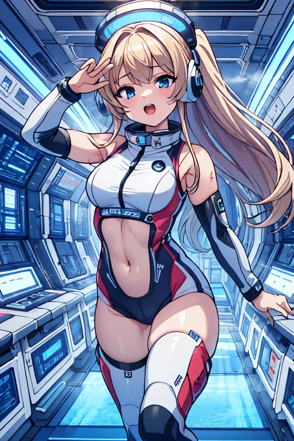 top-quality,Top image quality,in 8K,4K,​masterpiece,ultra-detailliert,Beautiful,ultra-quality, best quality,high resolution, ultra-detailed,game cg,dutch angle,(acrobatic pose):5,jumping:5,(inside spacestation,)beautiful detailed eyes,five fingers,headphone,nsfw,a beauty girl,(astrovest):5,(track uniforms),wet,(steam:1.5),Running form,open open mouth,(blonde hair),(long hair):2,Navel,space_station_interior, exercise_room, futuristic, high_technology, zero_gravity_exercise_equipment, high_resolution_landscape, sleek_design, minimalistic, 8K_resolution, game_cg_style, Dutch_angle, detailed_character, track_uniform, perfect_running_form, intense_expression, detailed_eyes, determination, steam:1.5, beauty, strength, five_fingers, visible_navel, open_mouth, ultra_quality, high_resolution, ultra_detailed,astrovest